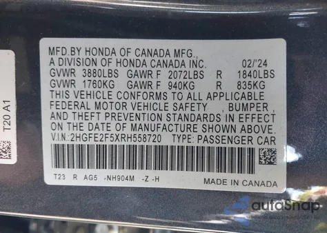 2024 Honda Civic Sport from USA, damaged, VIN 2HGFE2F5XRH558720